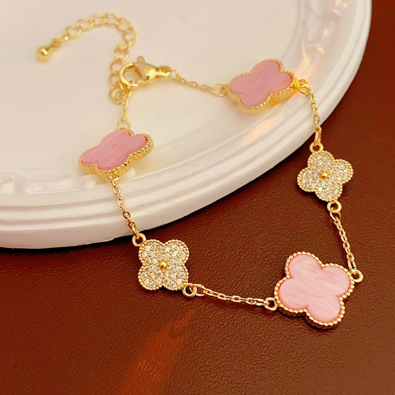 14K Gold Lucky Pink Clover Bracelet