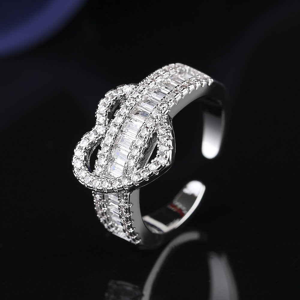 Wide Band Zircon Silver Heart Ring