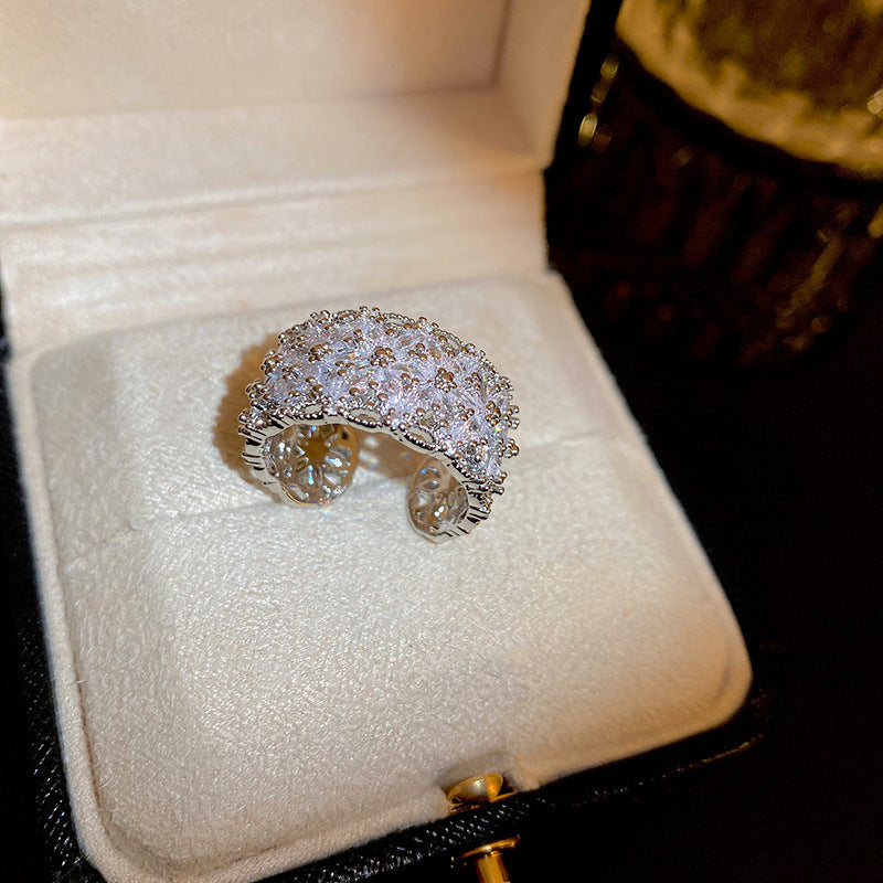 Sparkly Zircon Wide Band Silver Ring | A8558