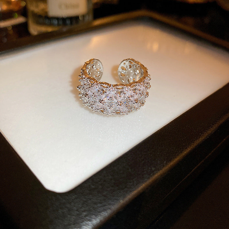 Sparkly Zircon Wide Band Silver Ring | A8558