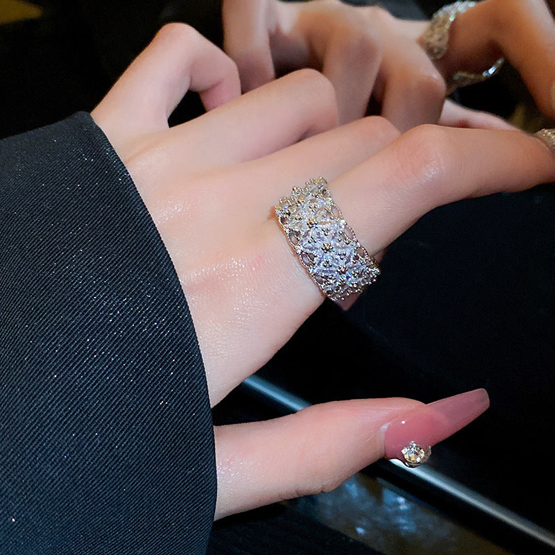 Sparkly Zircon Wide Band Silver Ring | A8558