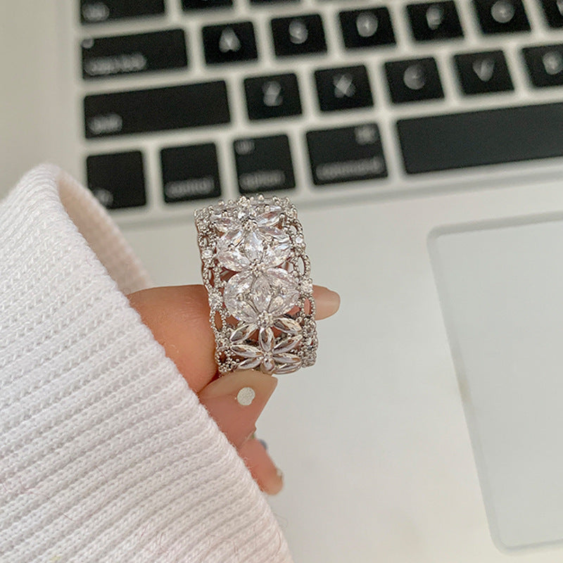 Sparkly Zircon Wide Band Silver Ring | A8558