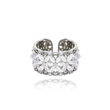 Art Deco Ring, Wide Band Zircon Ring, Silver Band Ring | A8558