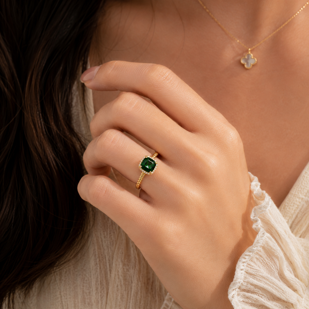 Asscher Cut Diopside Halo Ring