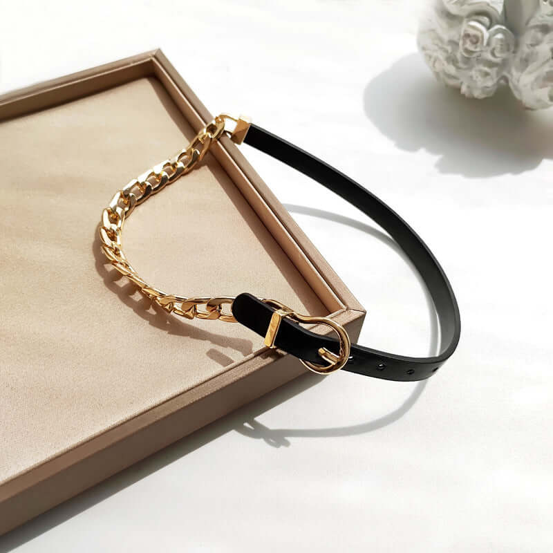 Asymmetric Leather Half Chain Gold Necklace