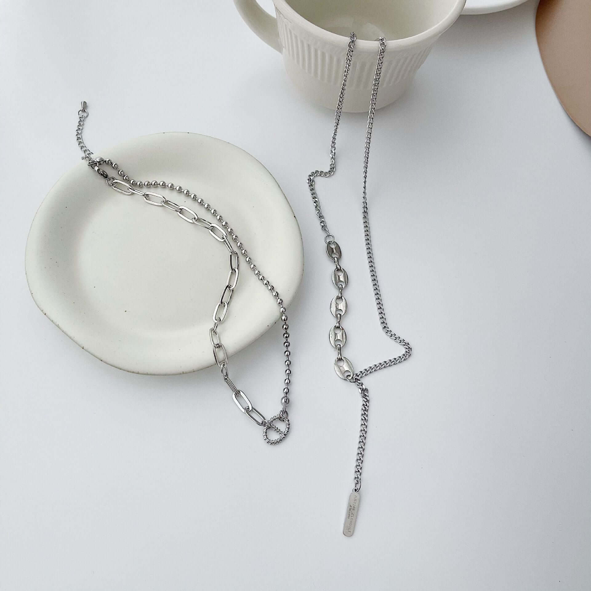 Asymmetric Silver Tassel Lariat Layered Chain Necklace