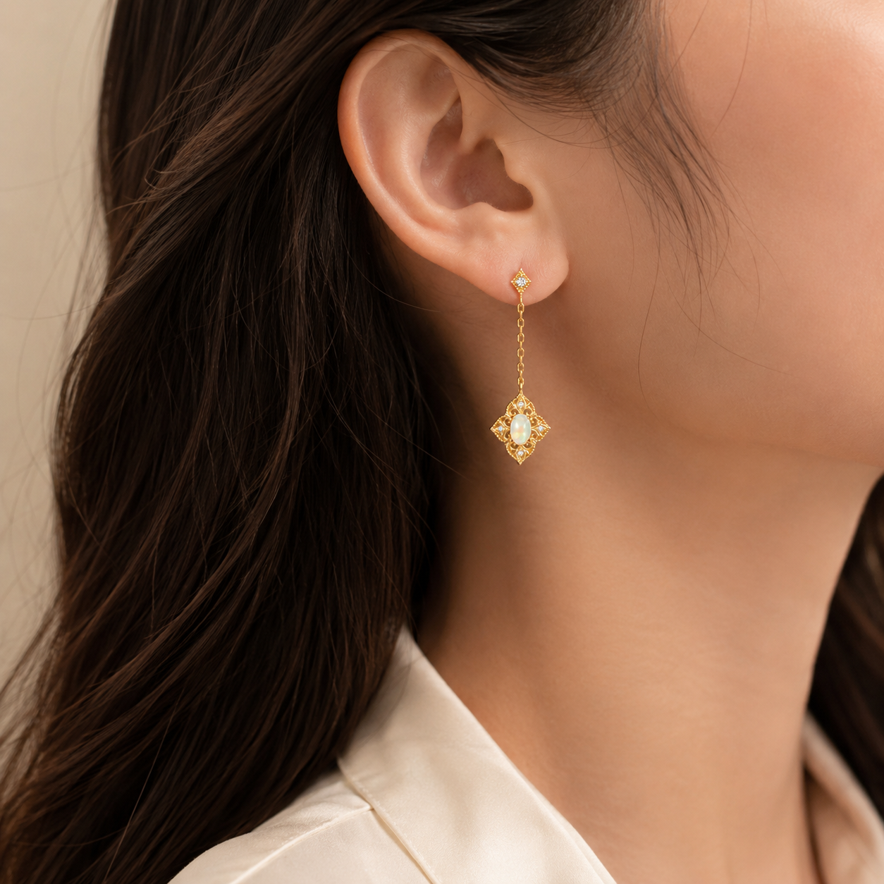 Baroque Opal Filigree Dangle Earrings 