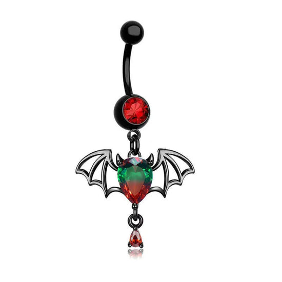 Belly button ring with vampire bat design with red and green cz