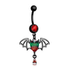 Belly button ring with vampire bat design with red and green cz