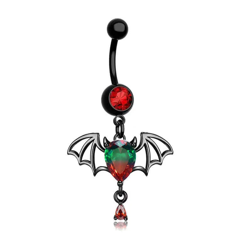 Belly button ring with vampire bat design with red and green cz