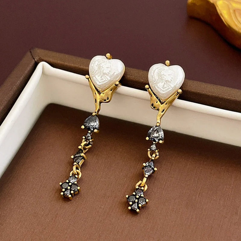 Black CZ Heart Pearl Drop Earrings