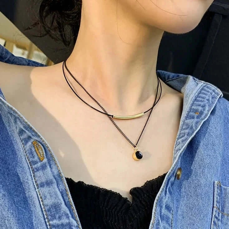 Black Cord Crystal Layering Necklace