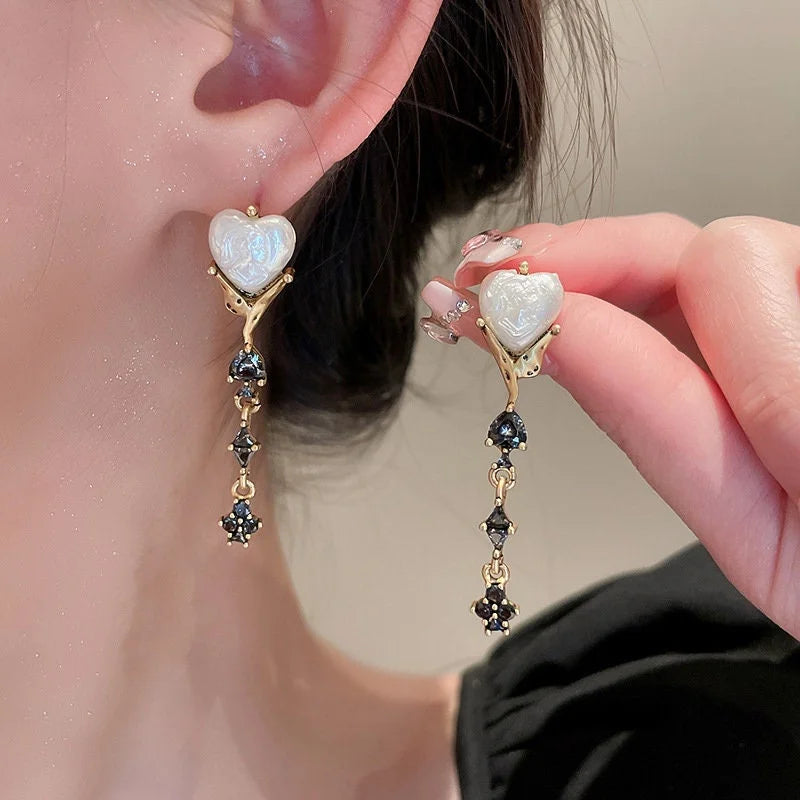 Black Heart Pearl CZ Dangle Earrings