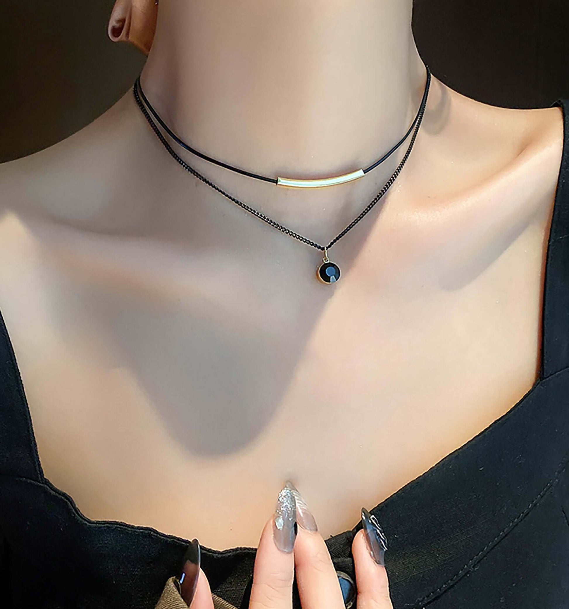 Black Leather Layering Necklace