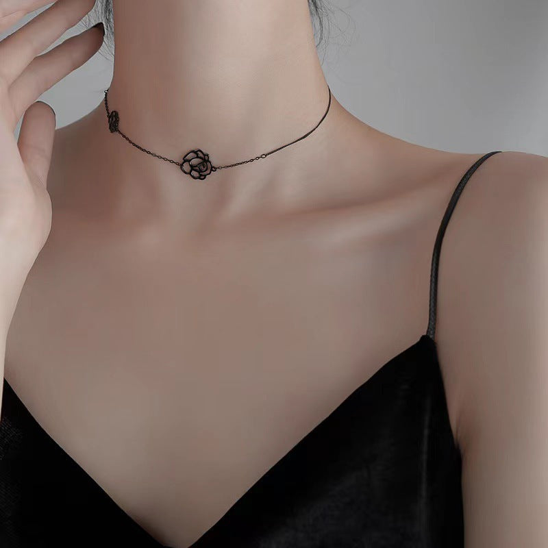 Gothic Black Camellia Rose Choker Necklace 