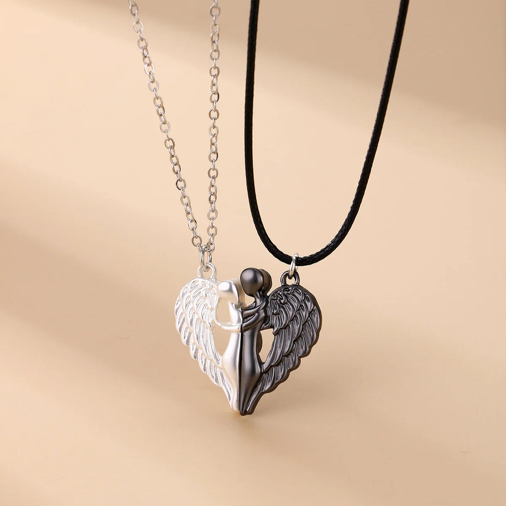 Black white Two angel wing pendants necklace
