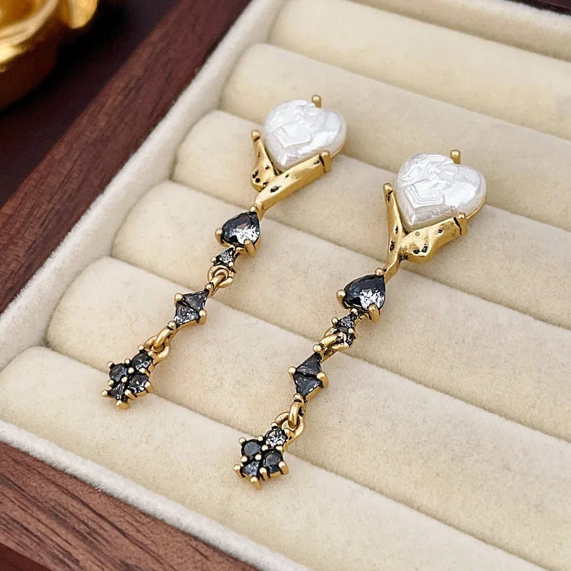 Bling Black Heart Pearl Drop Earrings