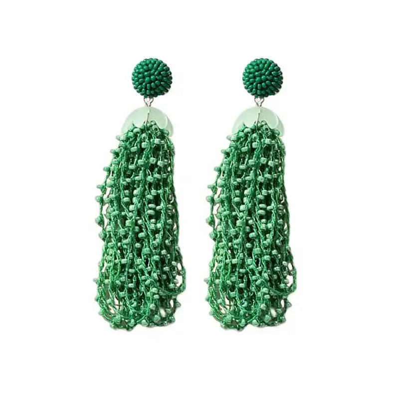 Green beaded tassel earrings 