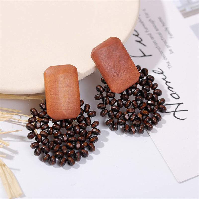 Boho Style Wooden Brown Bead Earrings