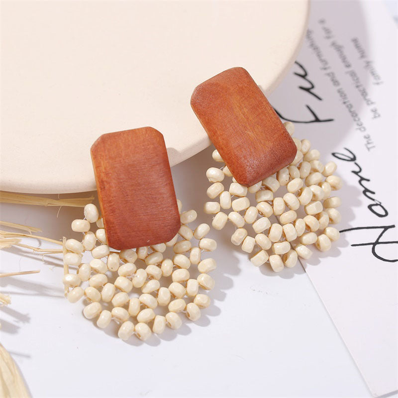 Boho Style Wooden White Bead Earrings