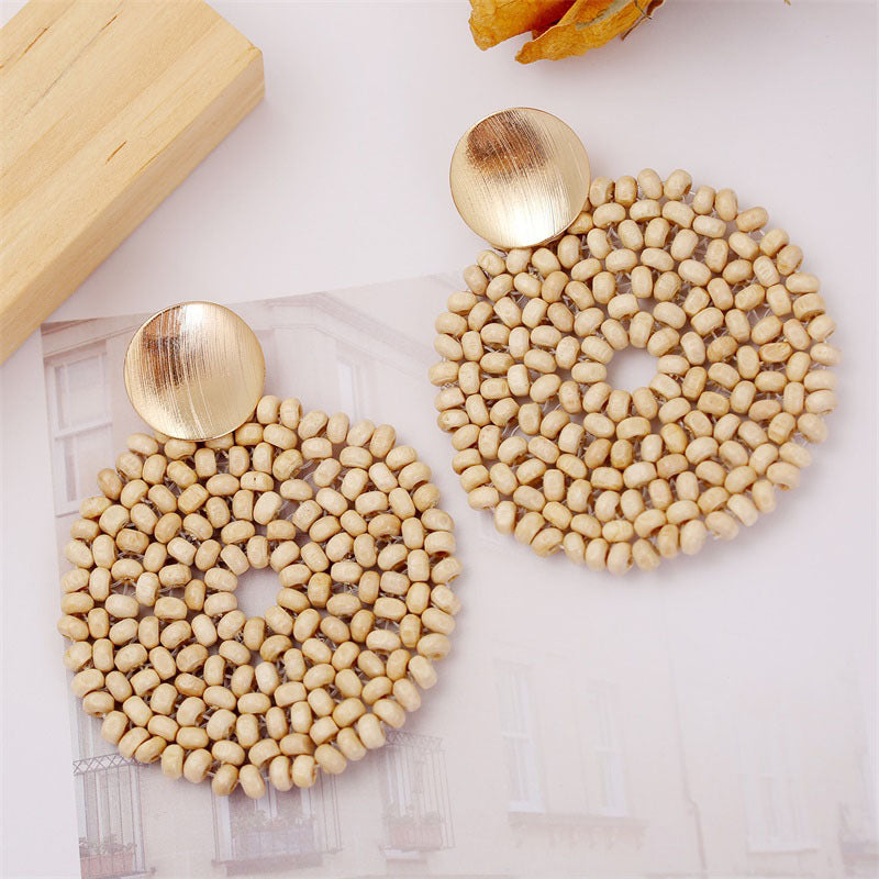 Boho Style Wood White Bead Earrings