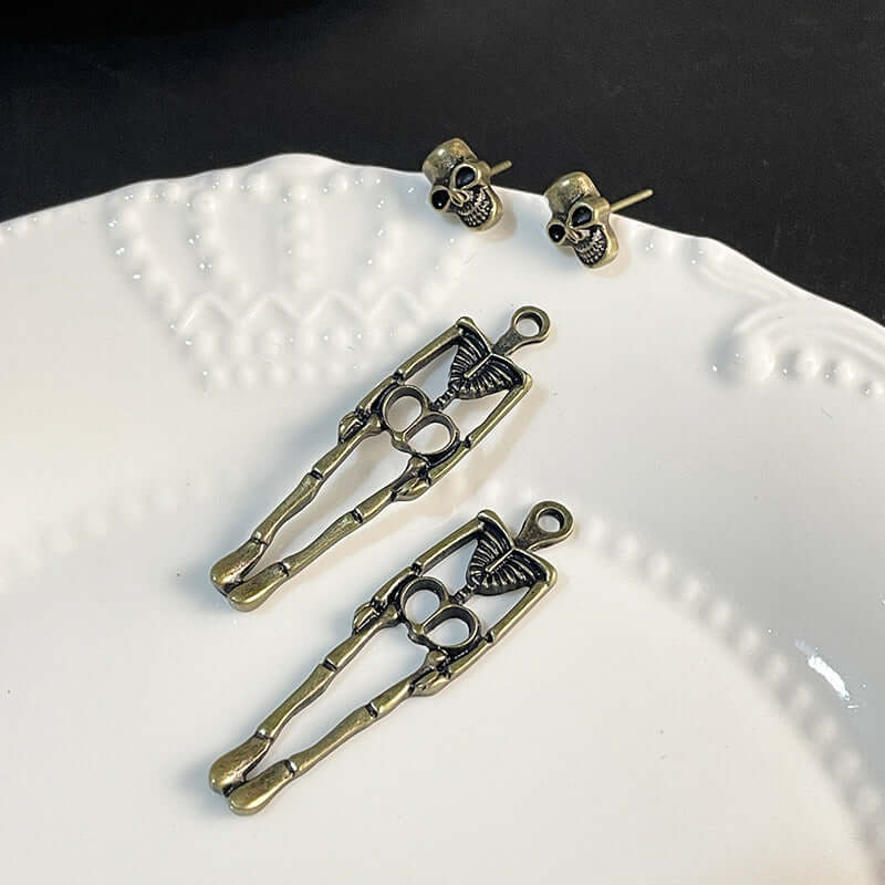 2 Way Skull Skeleton Ear Jacket Earrings Stud