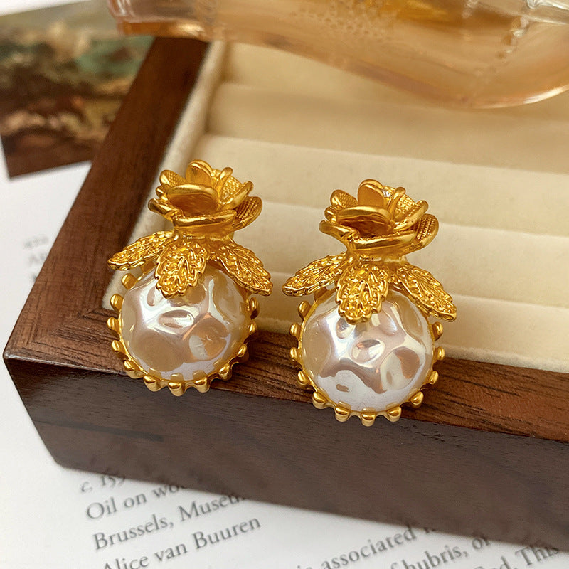 Brilliant White Pearl Rose Flower Earrings