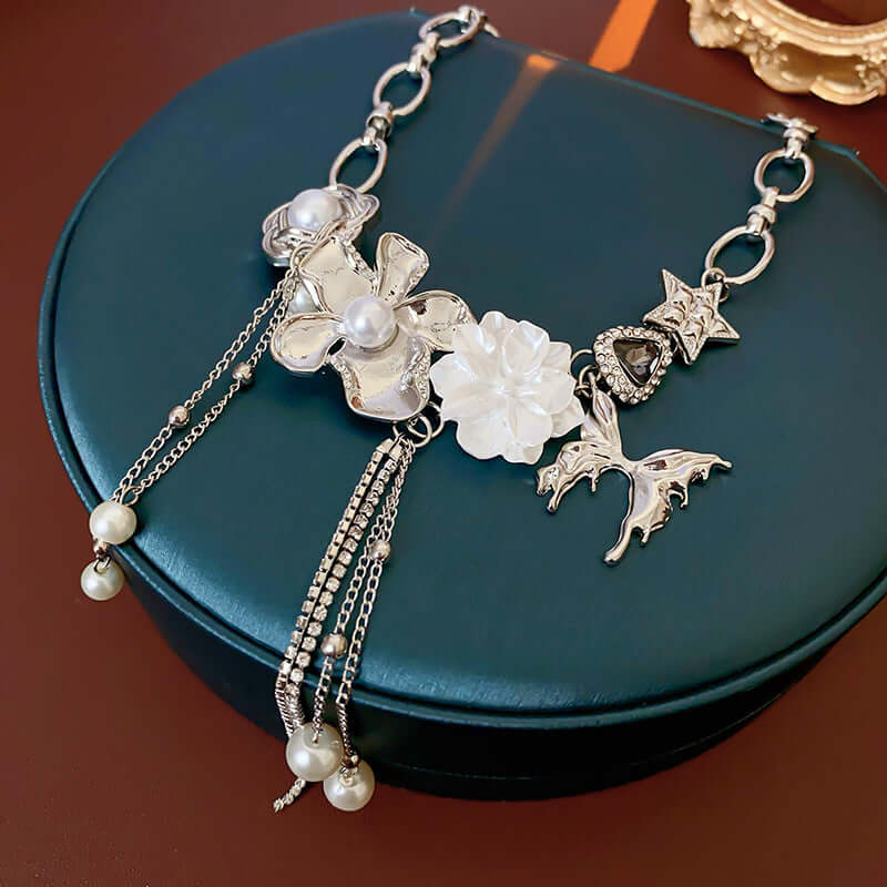 Butterfly Pearl Flower Tassel Necklace