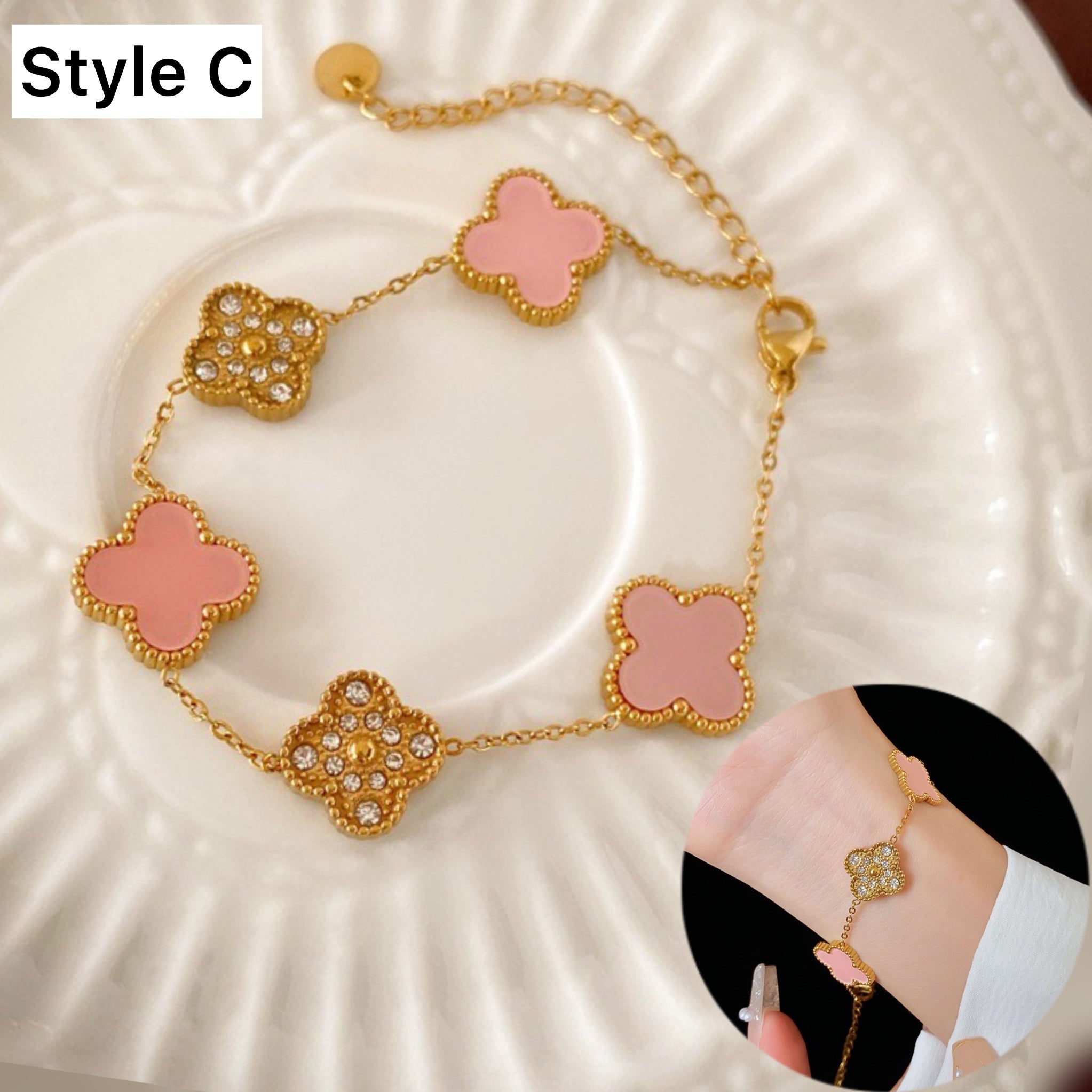 14K Gold Plated Pink Clover Bracelet