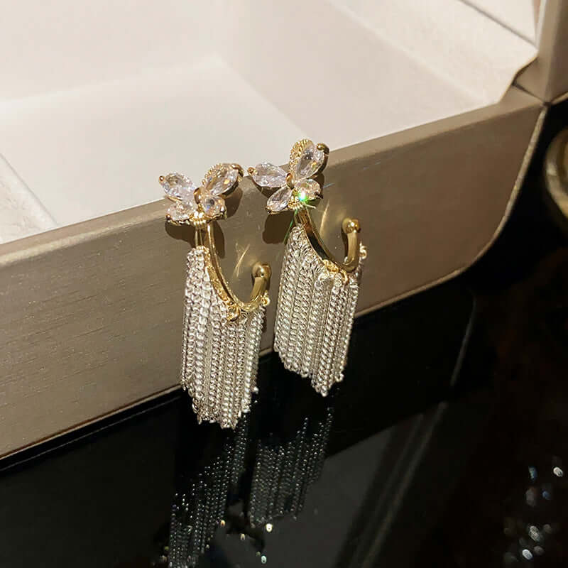 CZ Butterfly Crystal Fringe Earrings