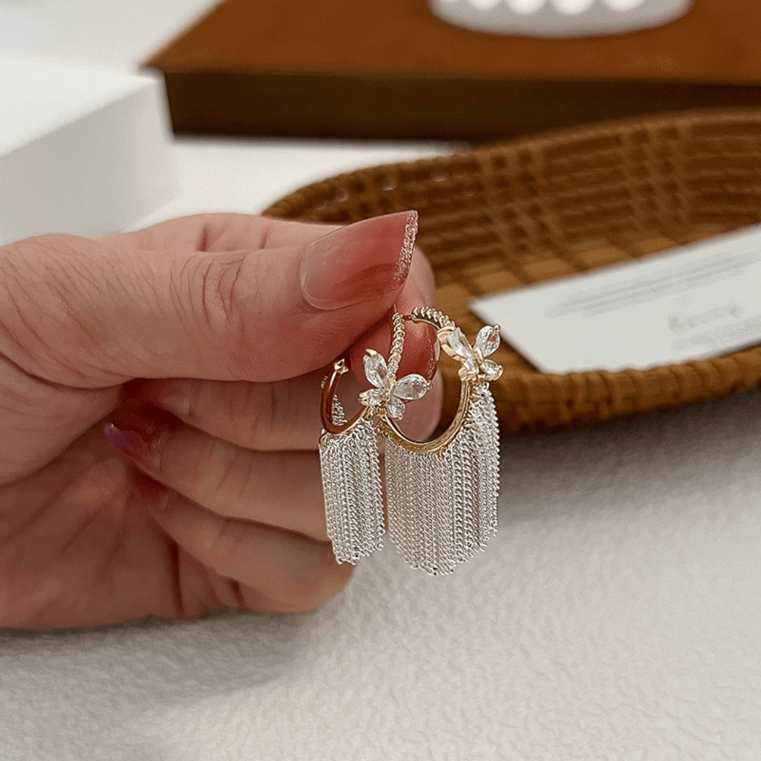 C Hoop Butterfly Crystal Fringe Earrings