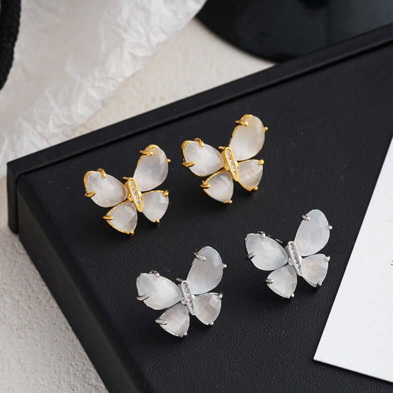 Dainty Cat Eye Stone Butterfly Stud Earrings