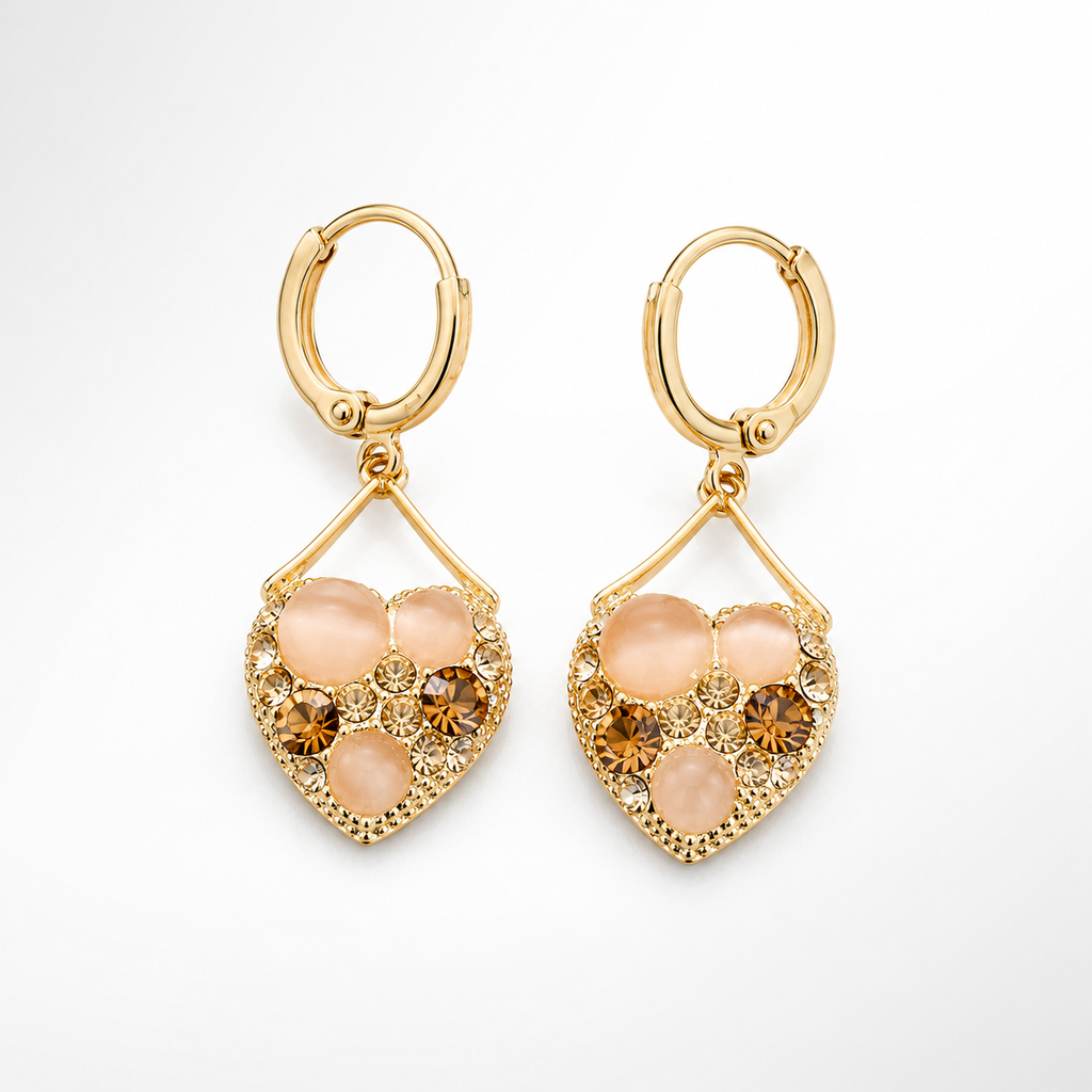 Cat Eye Stone Gold Heart Earrings Hoop