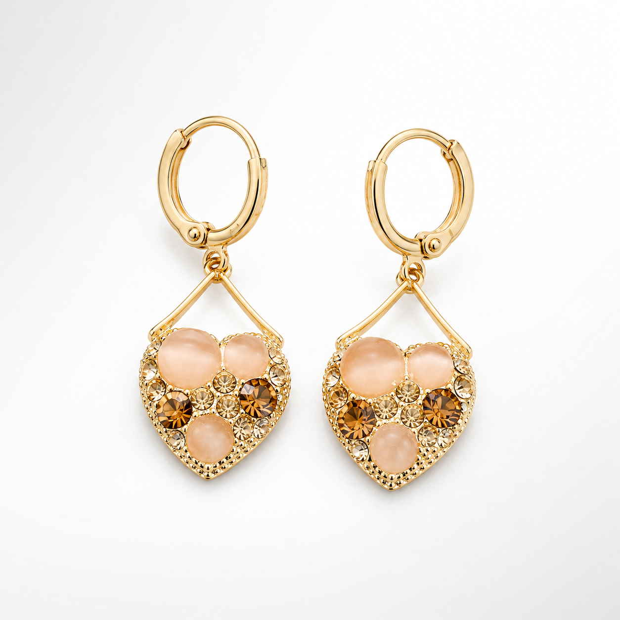 Cat Eye Stone Gold Heart Earrings Hoop