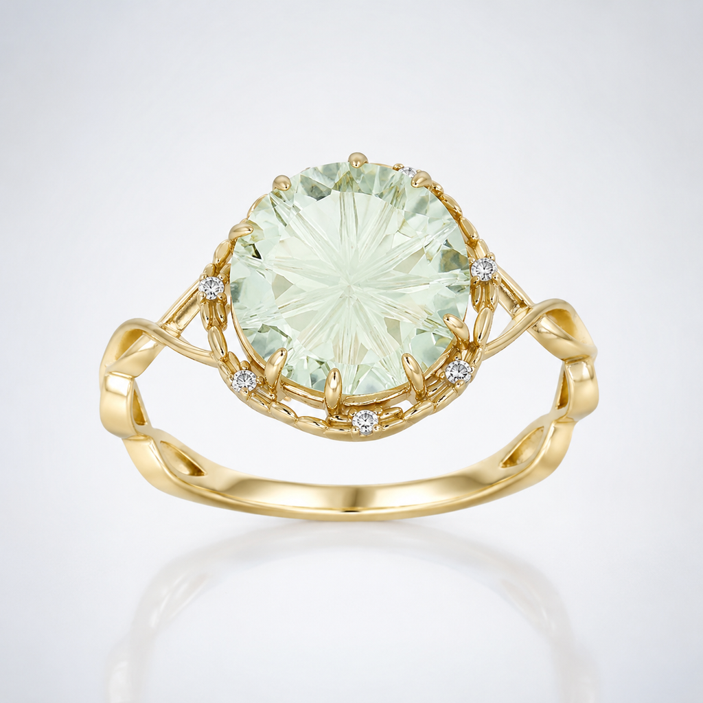 Green Amethyst Halo Floral Solitaire Ring