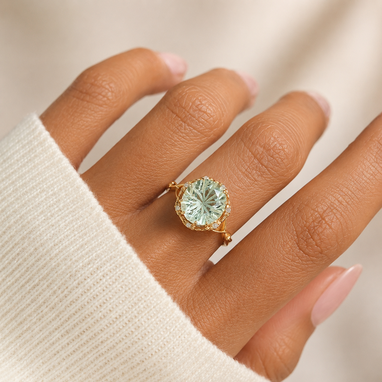 Green Amethyst Halo Floral Solitaire Ring