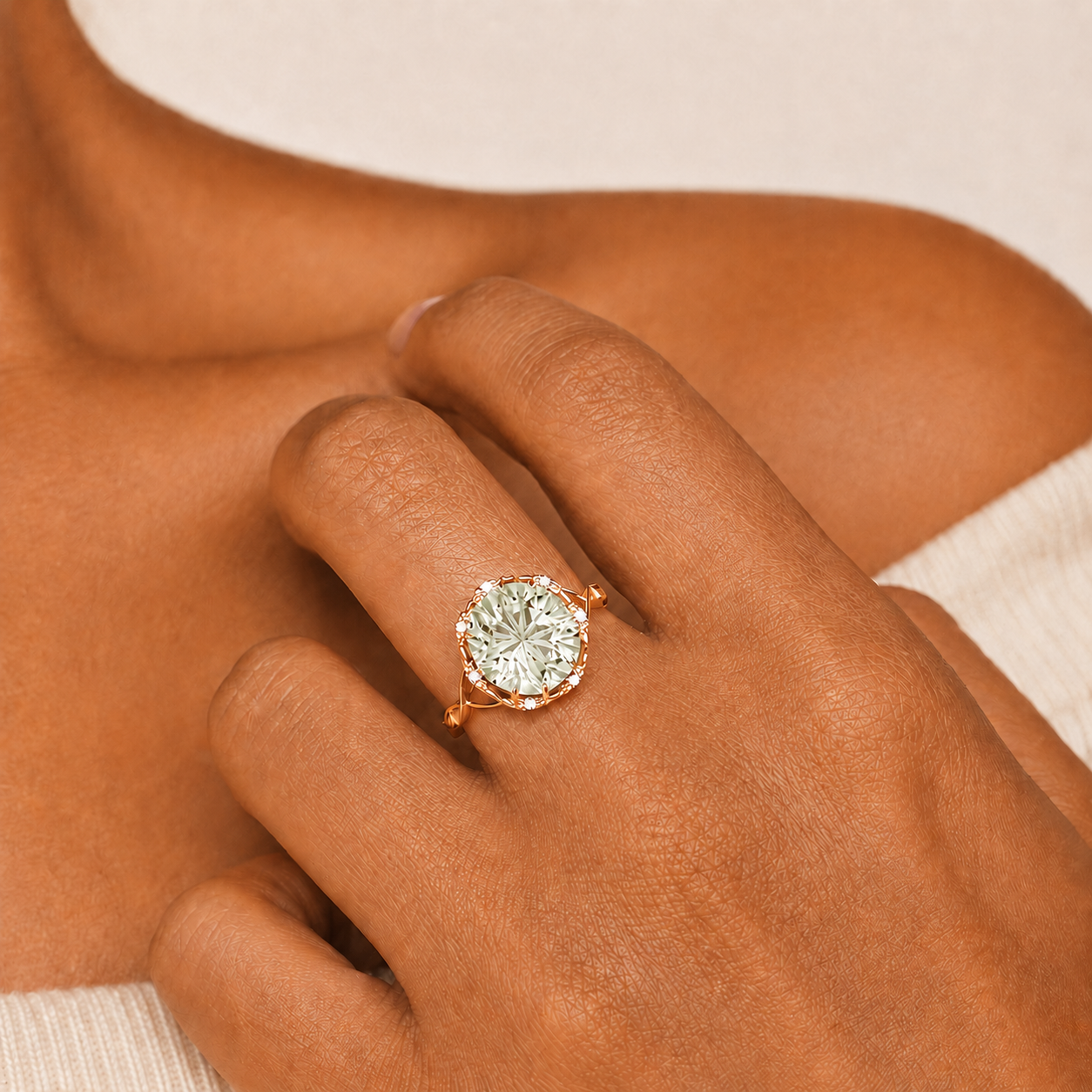 Green Amethyst Halo Floral Solitaire Ring