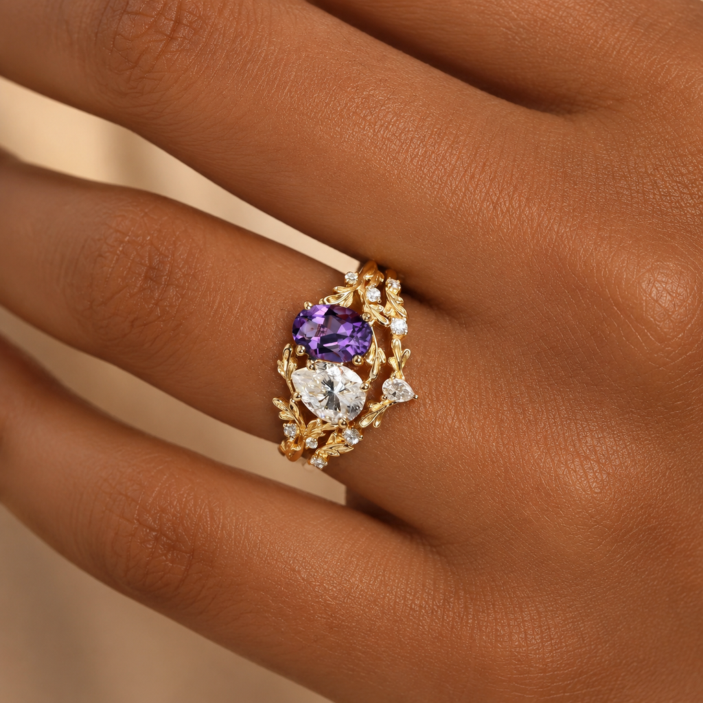 Vintage Moissanite & Lab Crafted Sapphire Stacking Ring Set