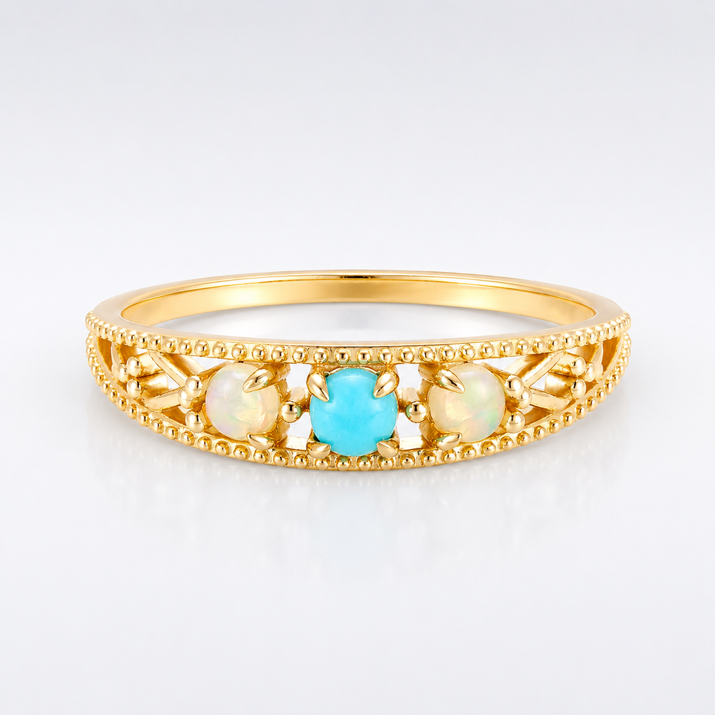 Ethnic Opal Turquoise Filigree Band Ring