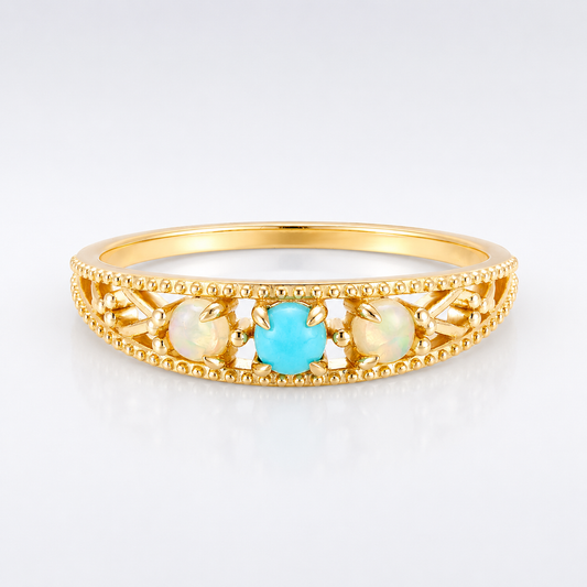 Ethnic Opal Turquoise Filigree Band Ring