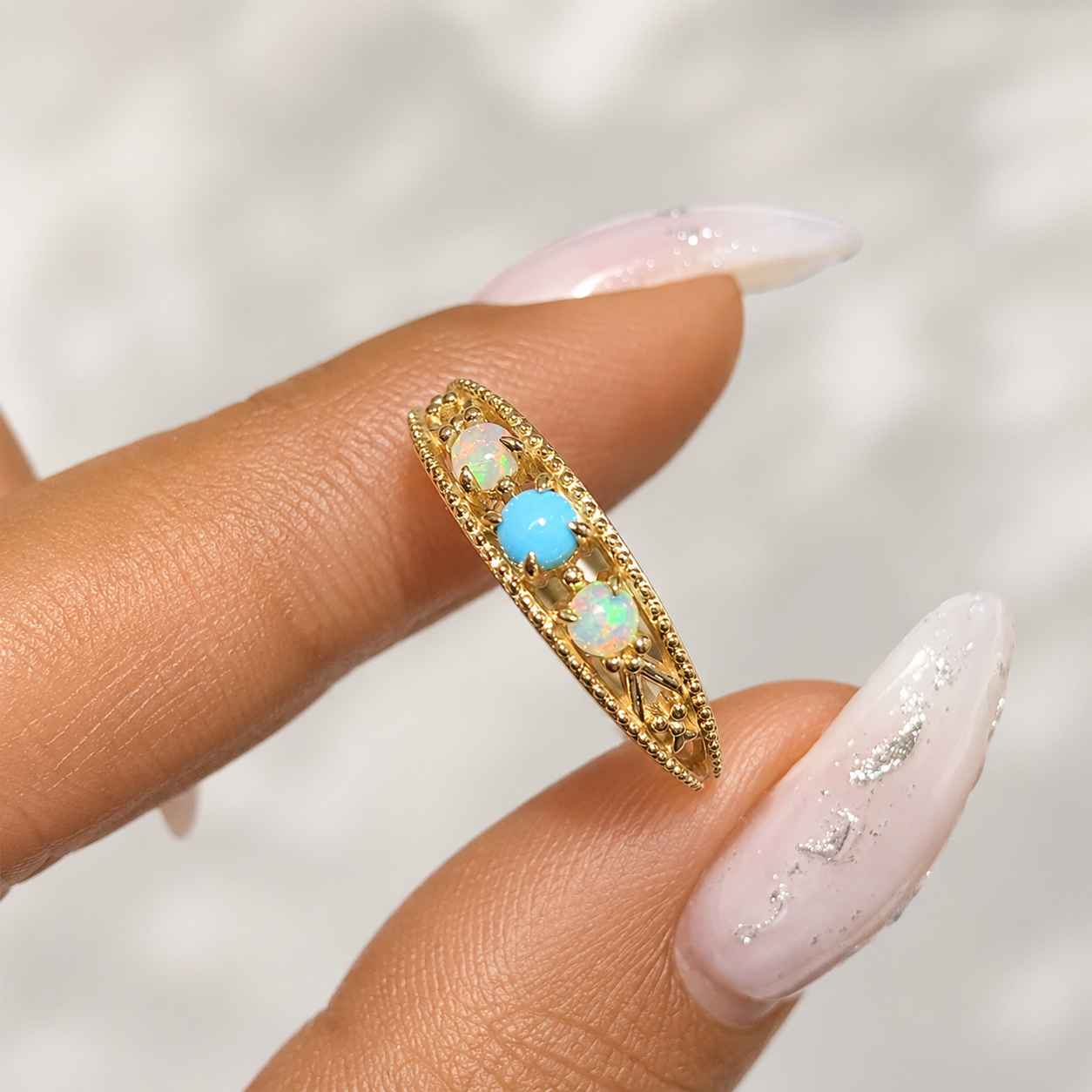 Ethnic Opal Turquoise Filigree Band Ring