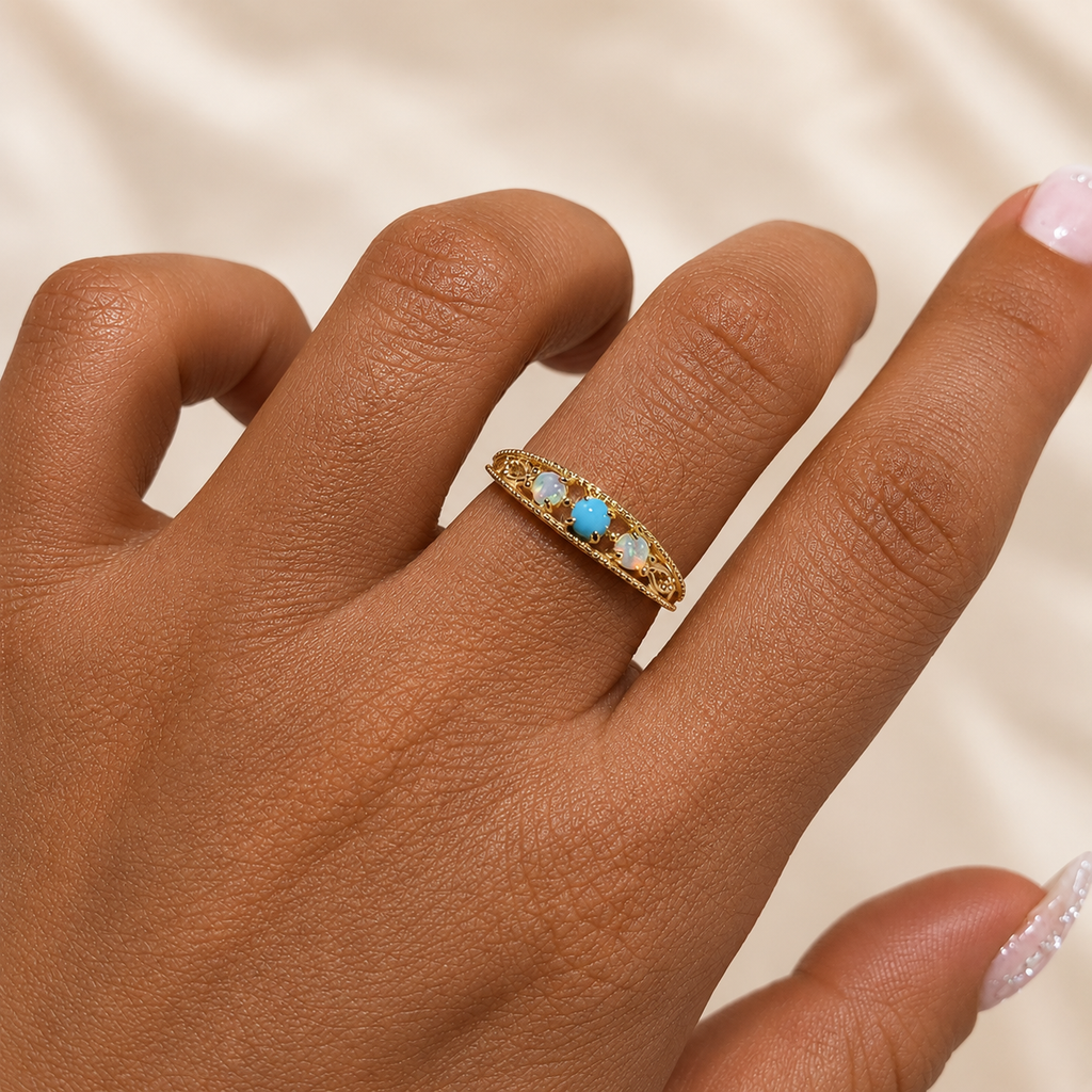 Ethnic Opal Turquoise Filigree Band Ring