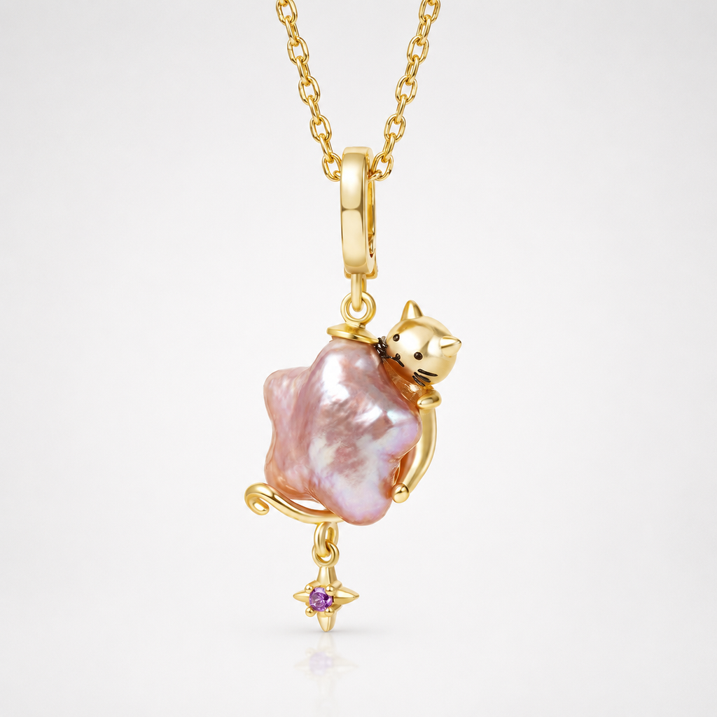 Kitty Hugging Star Necklace and Earrings