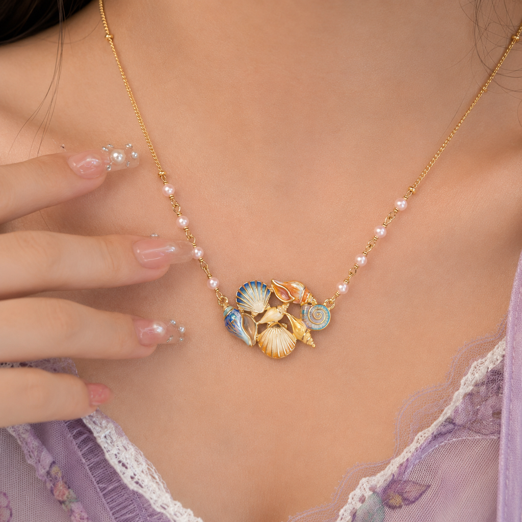 Necklace with colorful shell pendant worn by a person