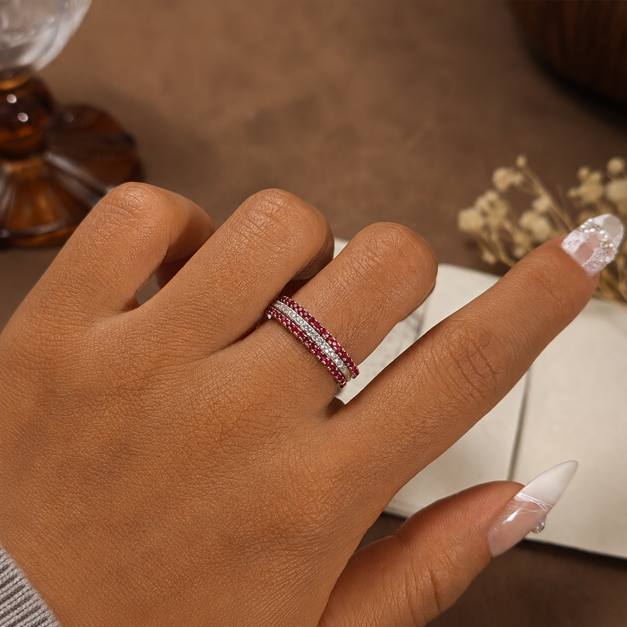 Red Corundum Half Eternity Band Ring