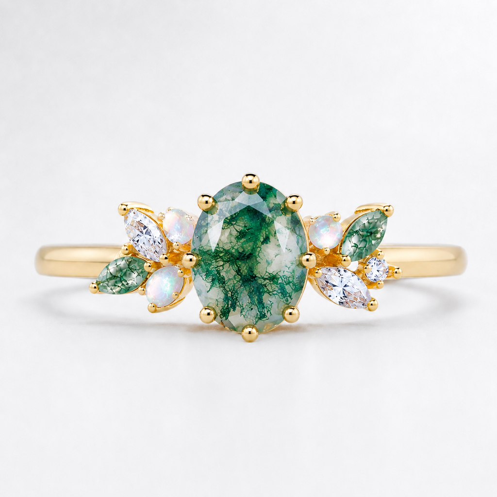 Nature inspired Moss Agate Leaf Ring