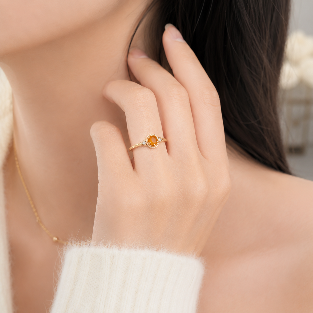 Nature Inspired Amber Olive Branch Ring