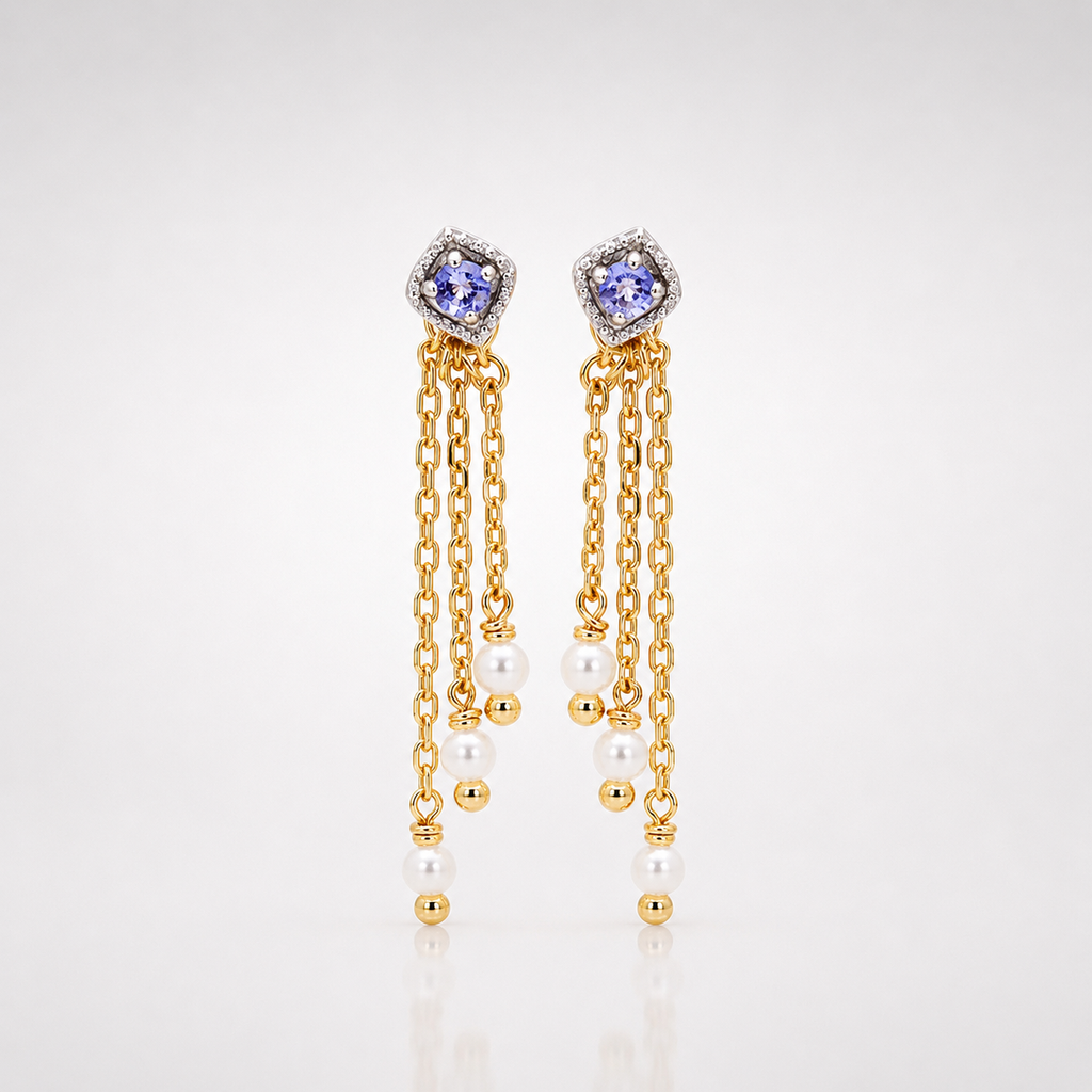 Tanzanite Tassel Earrings with Freshwater Pearl
