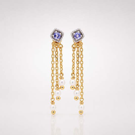 Tanzanite Tassel Earrings with Freshwater Pearl