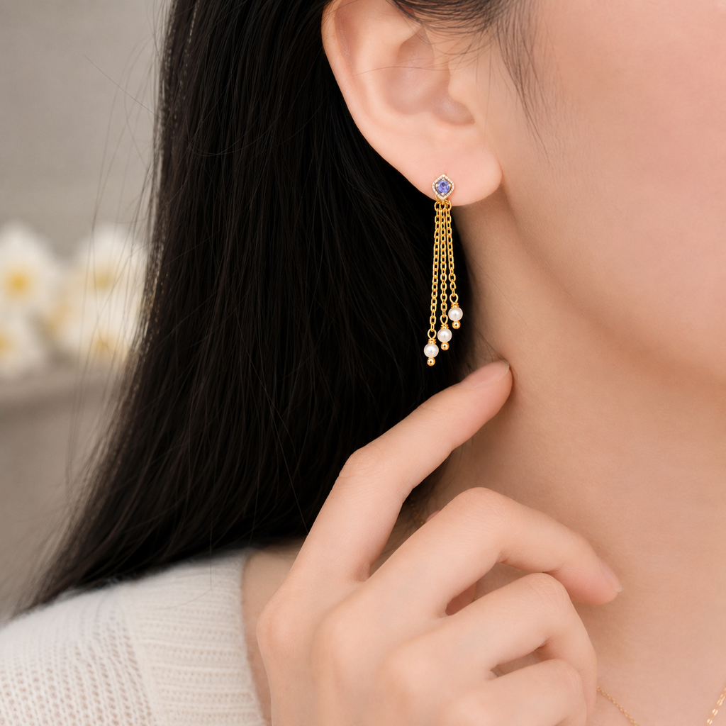 Tanzanite Tassel Earrings with Freshwater Pearl